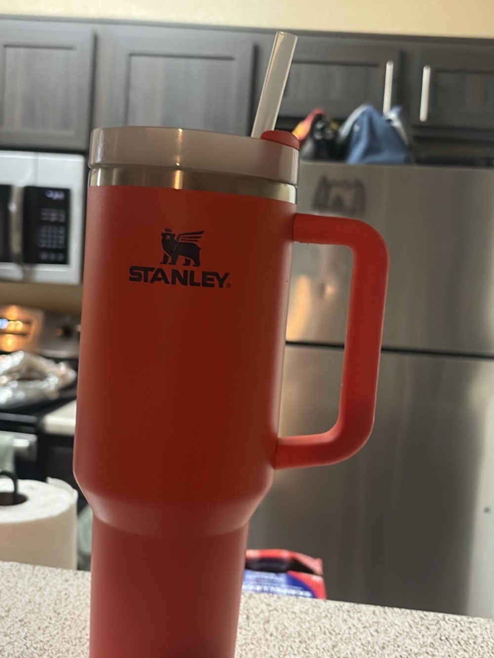 Stanley Coral/orange Insulated Travel Mug with Handle and Straw